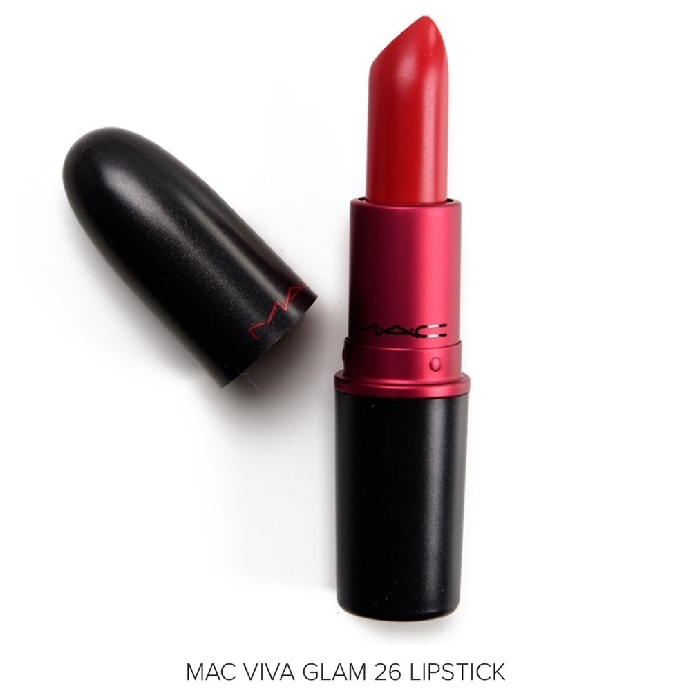 MAC Viva Glam 26 is a neutral-toned, medium-dark red with a semi-matte finish.
